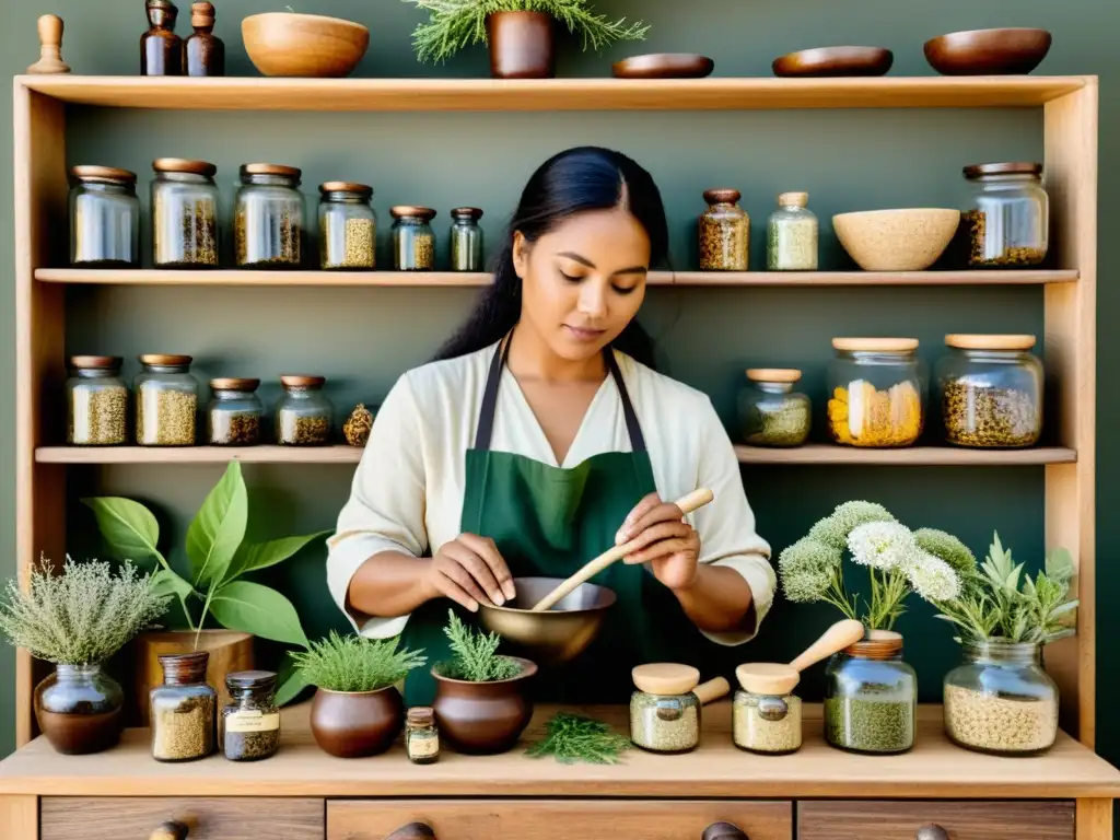 Un ilustración vintage de un herbolario preparando plantas medicinales, evocando la sabiduría natural