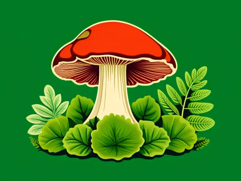 Una ilustración vintage del Hongo Reishi en su hábitat natural, rodeado de exuberante vegetación