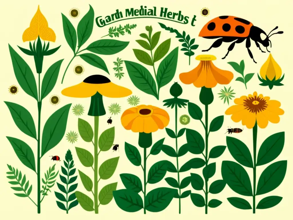 Un jardín vintage ilustrado con hierbas medicinales y métodos naturales de control de plagas, como siembra compañera y control biológico