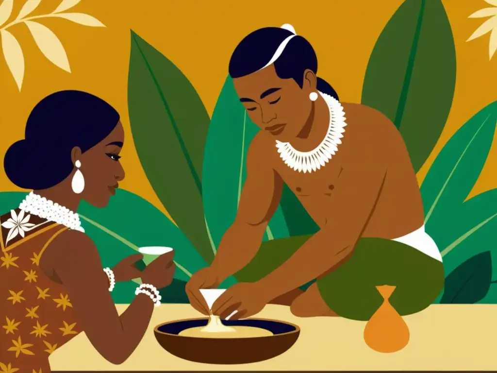 Un ilustración vintage de un isleño del Pacífico sirviendo kava kava con cuidado, mostrando la importancia cultural y ceremonial de la bebida