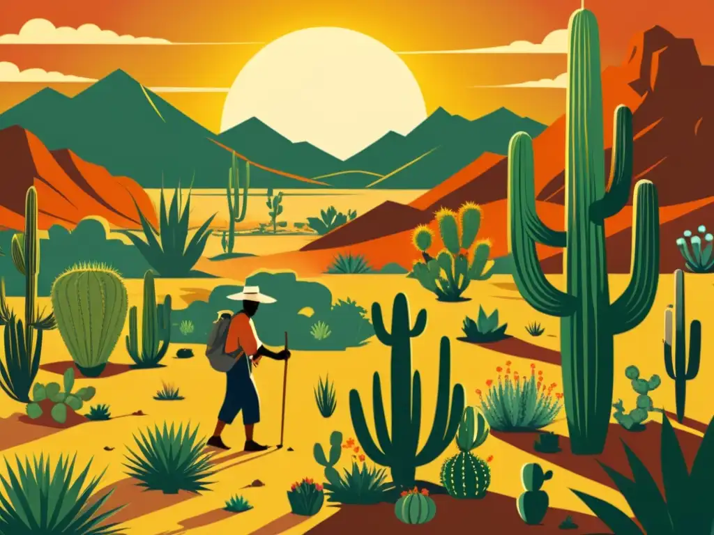 Un ilustración vintage de un paisaje desértico con hierbas medicinales, un hombre recolectándolas y un oasis al fondo