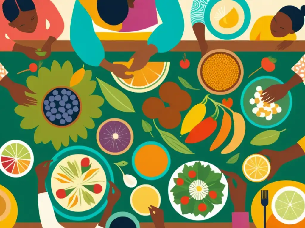 Una ilustración vintage de personas de antiguas culturas compartiendo alimentos coloridos en una mesa