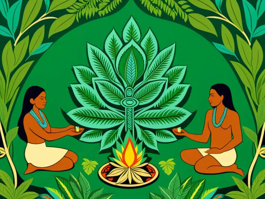 Una ilustración vintage de personas indígenas en un ritual sagrado rodeadas de plantas como ayahuasca, peyote y tabaco