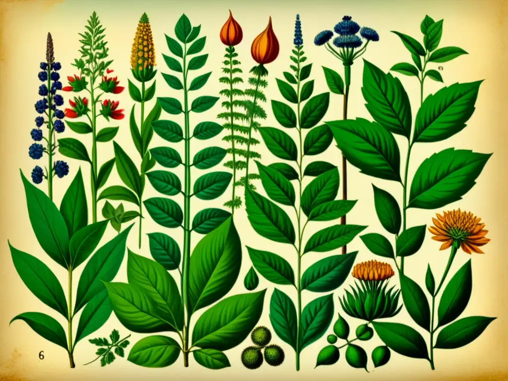 Un jardín botánico vintage con plantas medicinales en una ilustración detallada que evoca historia y reverencia