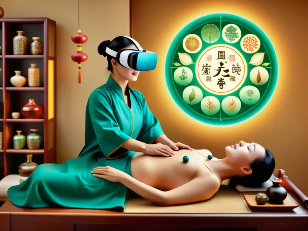 Un ilustración vintage de un practicante de medicina china tradicional utilizando tecnología de realidad virtual para administrar acupuntura a un paciente, rodeados de una serena farmacia china antigua