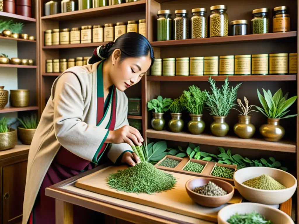 Un ilustración vintage de un practicante de medicina tibetana seleccionando y preparando hierbas tradicionales con detalles intrincados