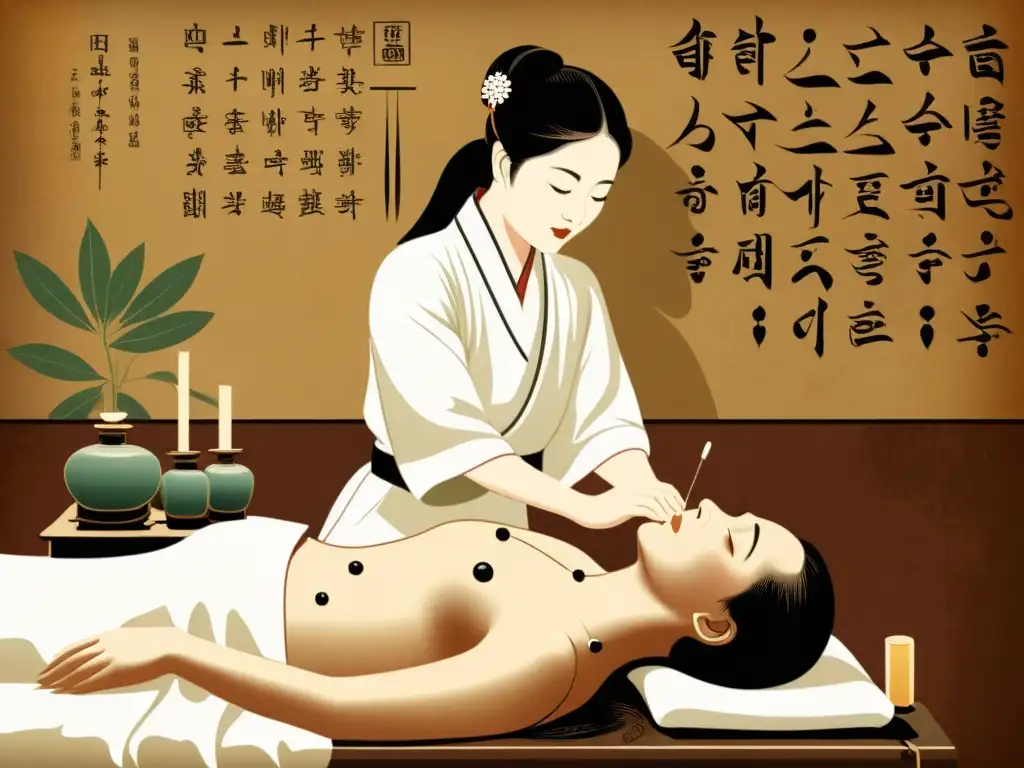 Un ilustración vintage de un practicante de medicina tradicional coreana realizando acupuntura en un paciente, con detalles intrincados de los puntos de acupuntura y herramientas utilizadas, ambientado en una herboristería oriental calmante