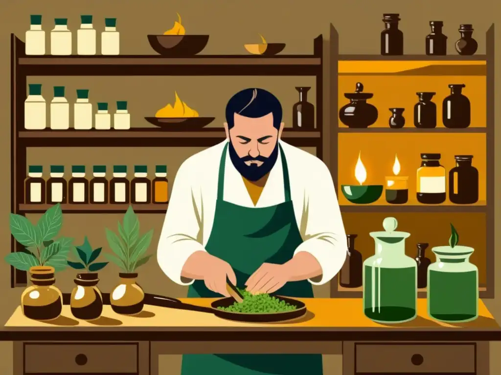 Un ilustración vintage de un practicante de medicina tradicional extrayendo aceites esenciales con métodos antiguos