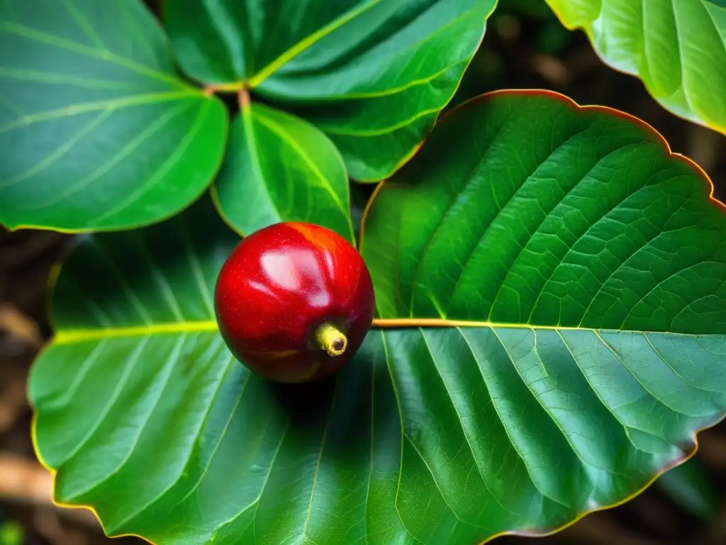 Una fotografía vintage en primer plano de un fruto rojo vibrante de camu camu sobre hojas verdes exuberantes en la selva amazónica