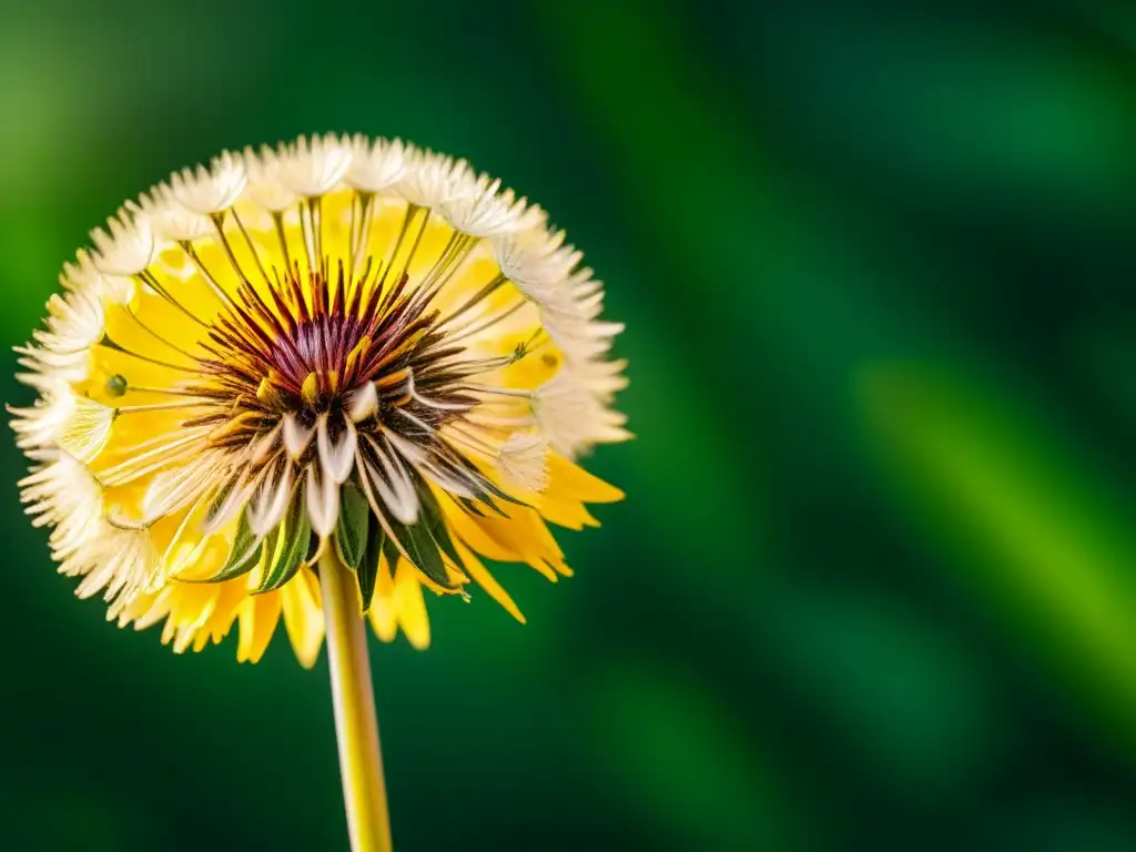 Una fotografía vintage en primer plano de un vibrante diente de león amarillo, iluminado por el sol, con semillas delicadas