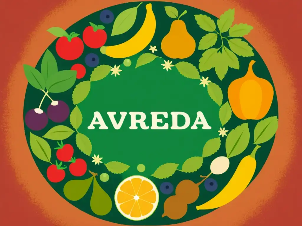 Una ilustración vintage de las seis sabores del Ayurveda, con frutas y verduras coloridas en un patrón circular