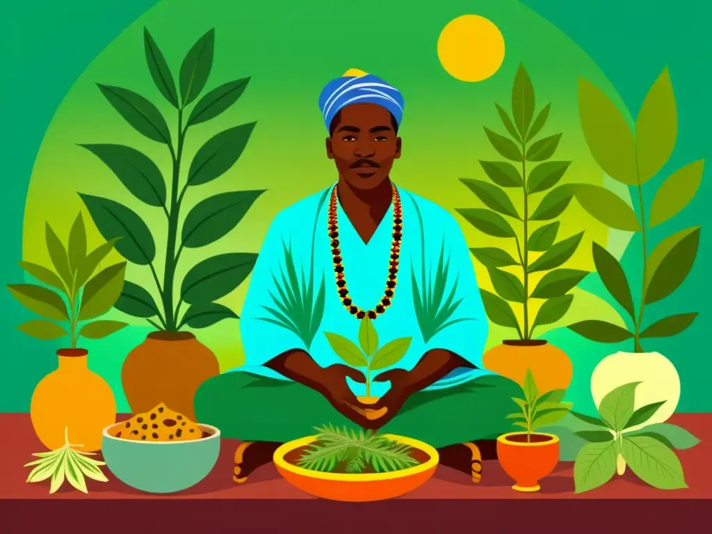 Un ilustración vintage de un sanador africano rodeado de plantas medicinales, destacando los orígenes de la medicina tradicional africana