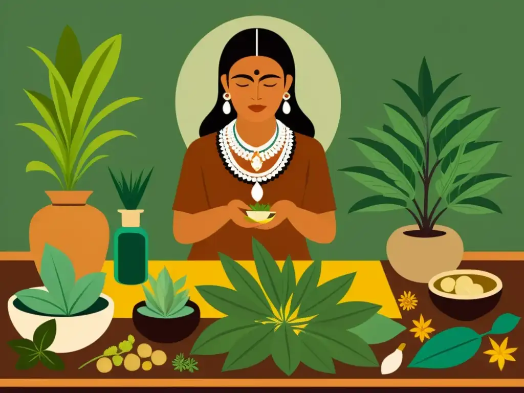 Un ilustración vintage de un sanador mesoamericano preparando hierbas medicinales y tónicos, rodeado de plantas y remedios naturales