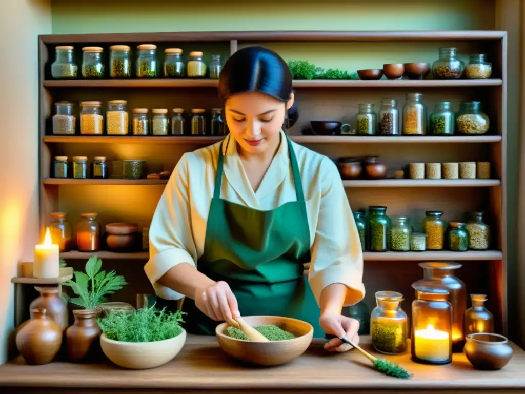 Un ilustración vintage de un sanador tradicional preparando remedios herbales en una botica rústica, evocando sabiduría y curación natural