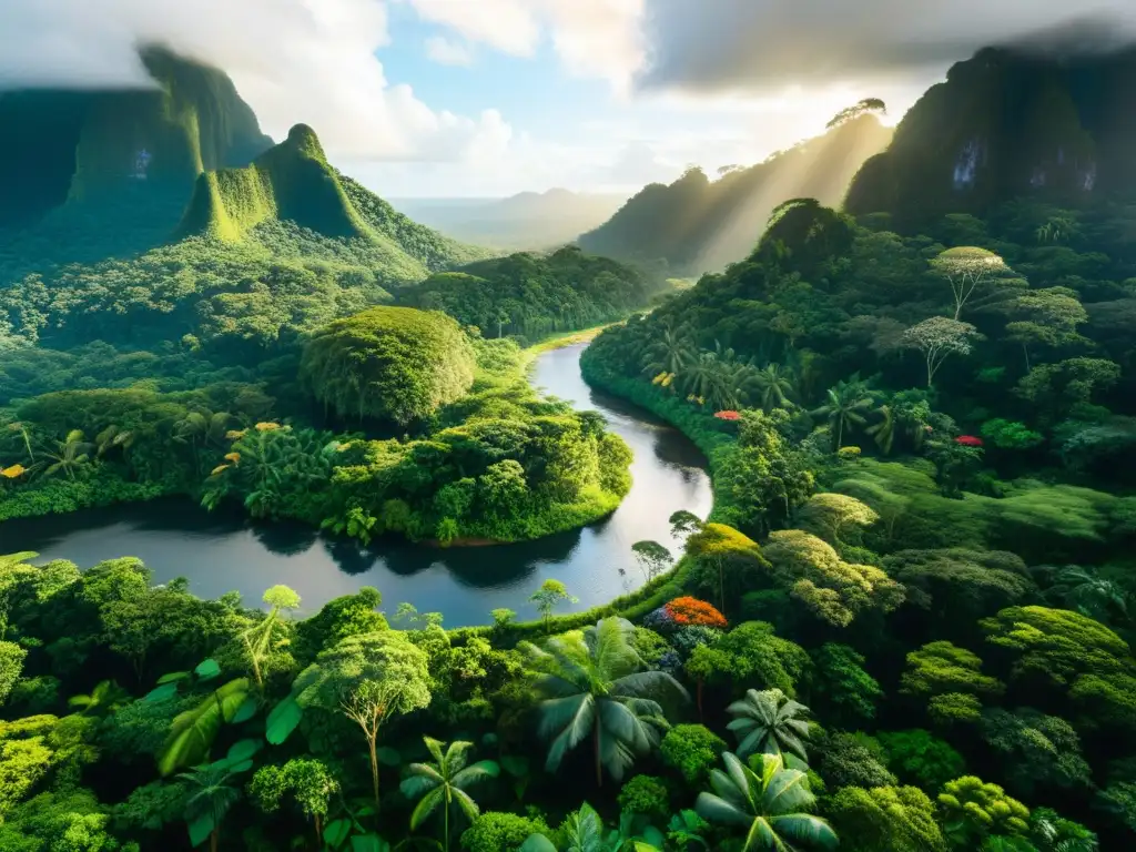 Vista aérea de un exuberante bosque tropical con rica biodiversidad y remedios indígenas, destacando la validación moderna de estas tradiciones