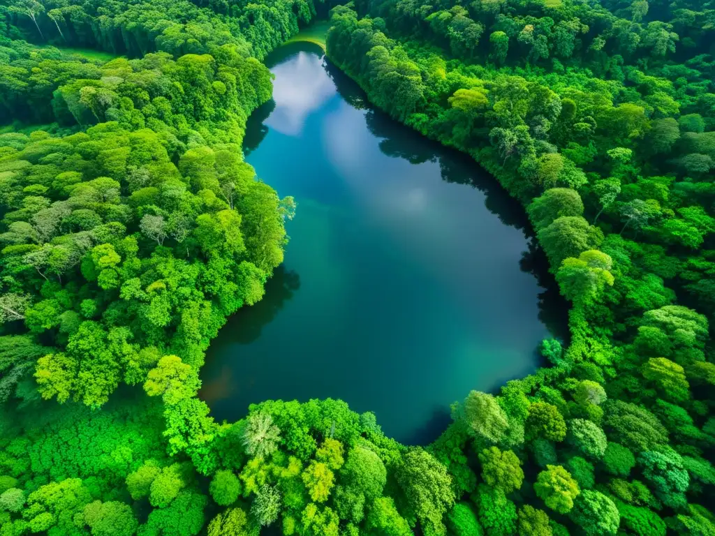 Vista aérea impresionante de un denso bosque tropical, reflejando la biodiversidad y el rol del chamán en la preservación del ecosistema