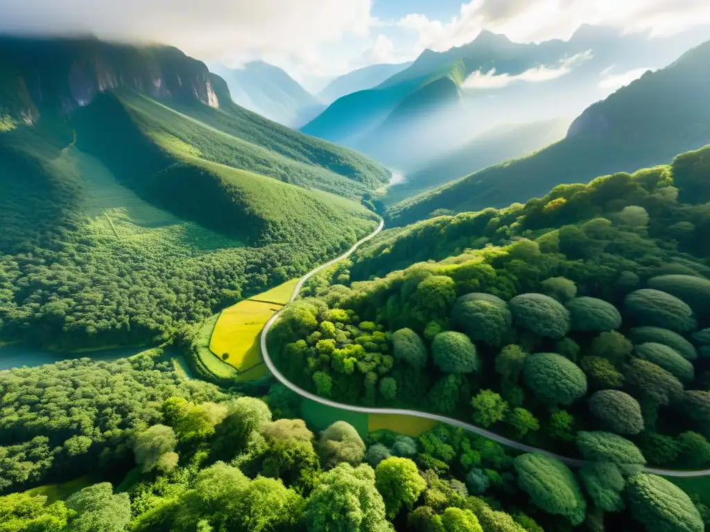 Vista aérea de un valle montañoso exuberante con senderos que atraviesan bosques de plantas medicinales