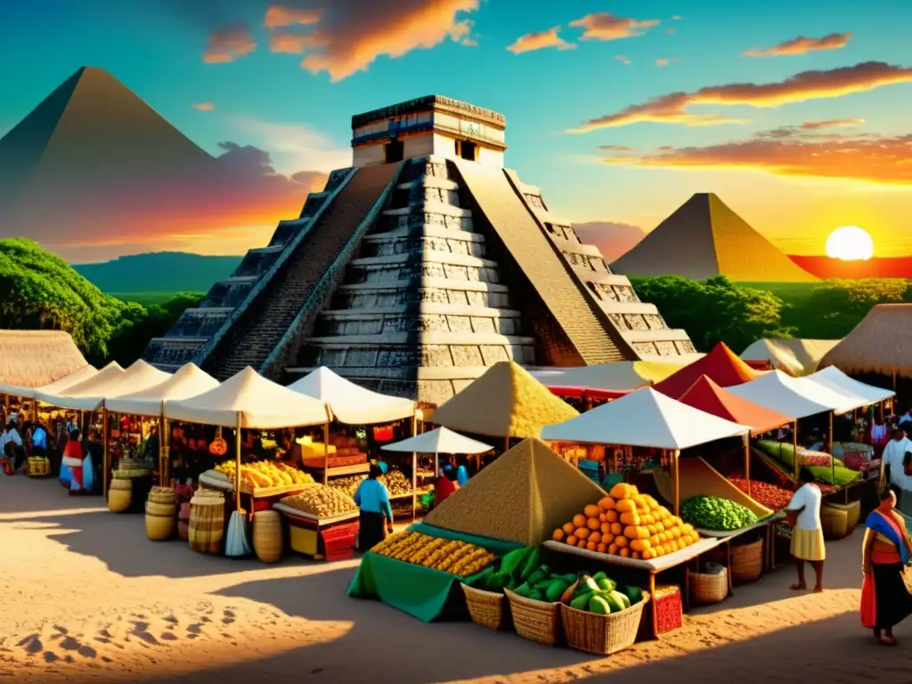 Vista de un bullicioso mercado maya con frutas, verduras y alimentos tradicionales, evocando la alimentación consciente en medicina tradicional
