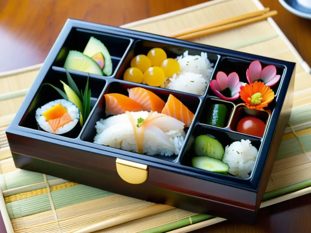 Una vista cercana de una auténtica caja bento japonesa, con una variedad de platillos coloridos y elaborados meticulosamente, representando la dieta tradicional samurái de Japón