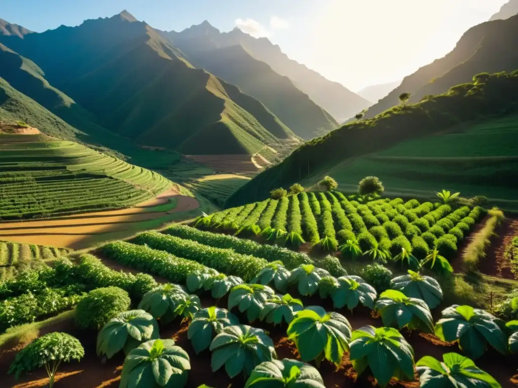 Maca: Cultivo tradicional en los Andes Vista detallada de una próspera plantación de maca andina en los Andes, resaltando la influencia de la maca andina en fertilidad y tradición agrícola