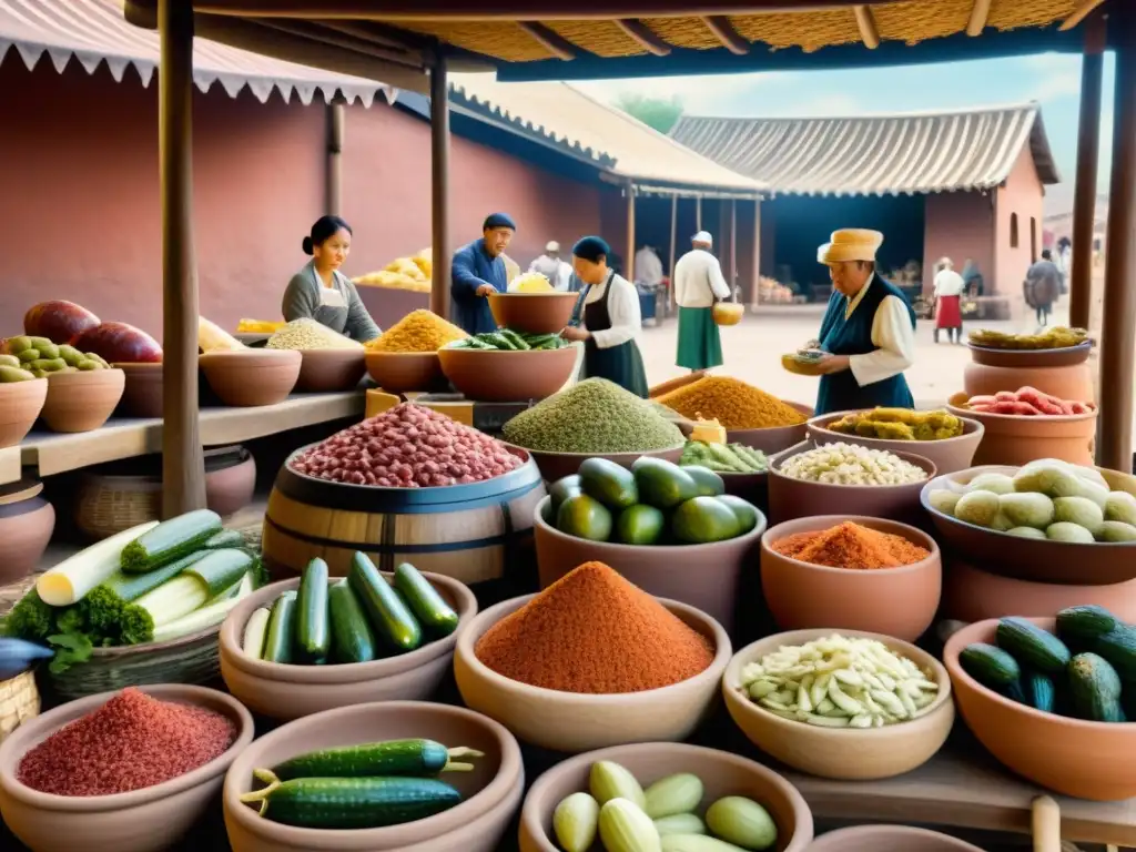 Vista detallada de técnicas ancestrales preservar alimentos sostenible en un bullicioso mercado antiguo