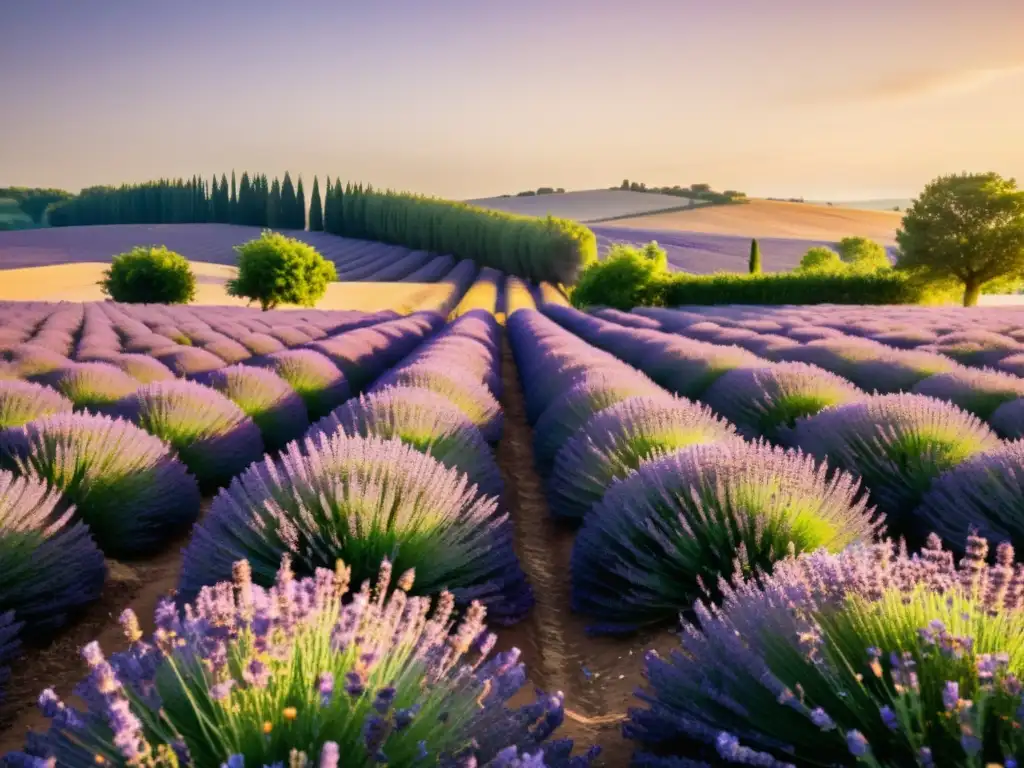 Vista impresionante de campos curativos de lavanda en Francia, con plantas moradas vibrantes bajo el cálido sol dorado y la atmósfera serena